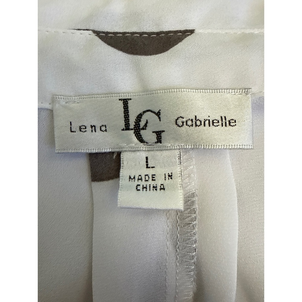 Lena Gabrielle Womens Large Polka Dot Blouse White Brown Lg Sleeve Collared Top
